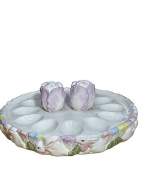 VTG 90s Easter pastel bunny whimsical deviled egg platter W salt pepper shakers